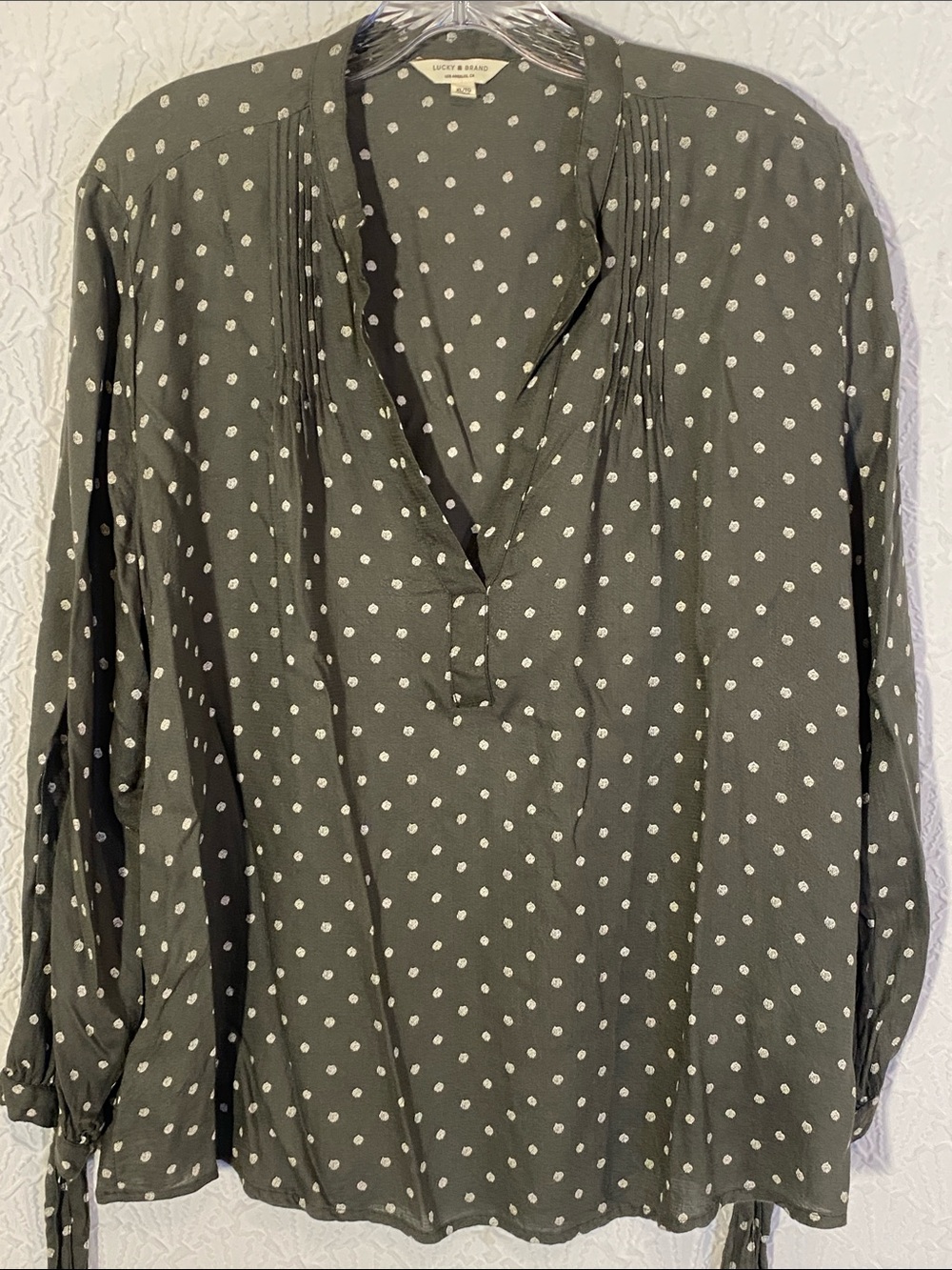 Lucky Brand Olive Green Polka Dot Split-Neck peasant blouse. Bohemian flare